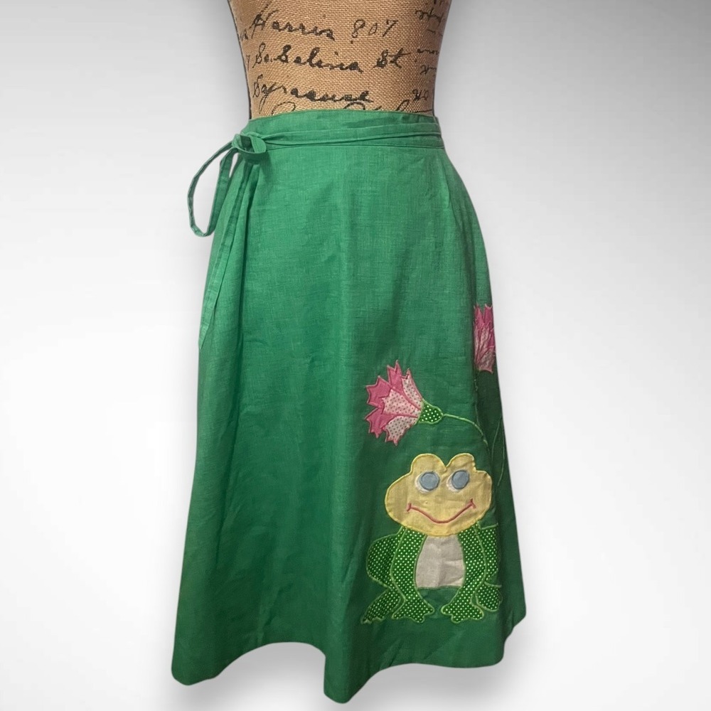 The Frog VTG 70's Pond Reversible Wrap Skirt Frog Lily Pad Applique Green Small